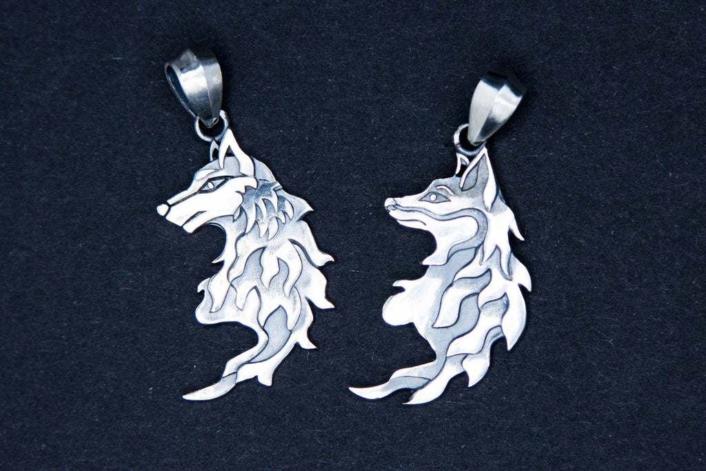 Wolf and fox pendant, couple stackable set