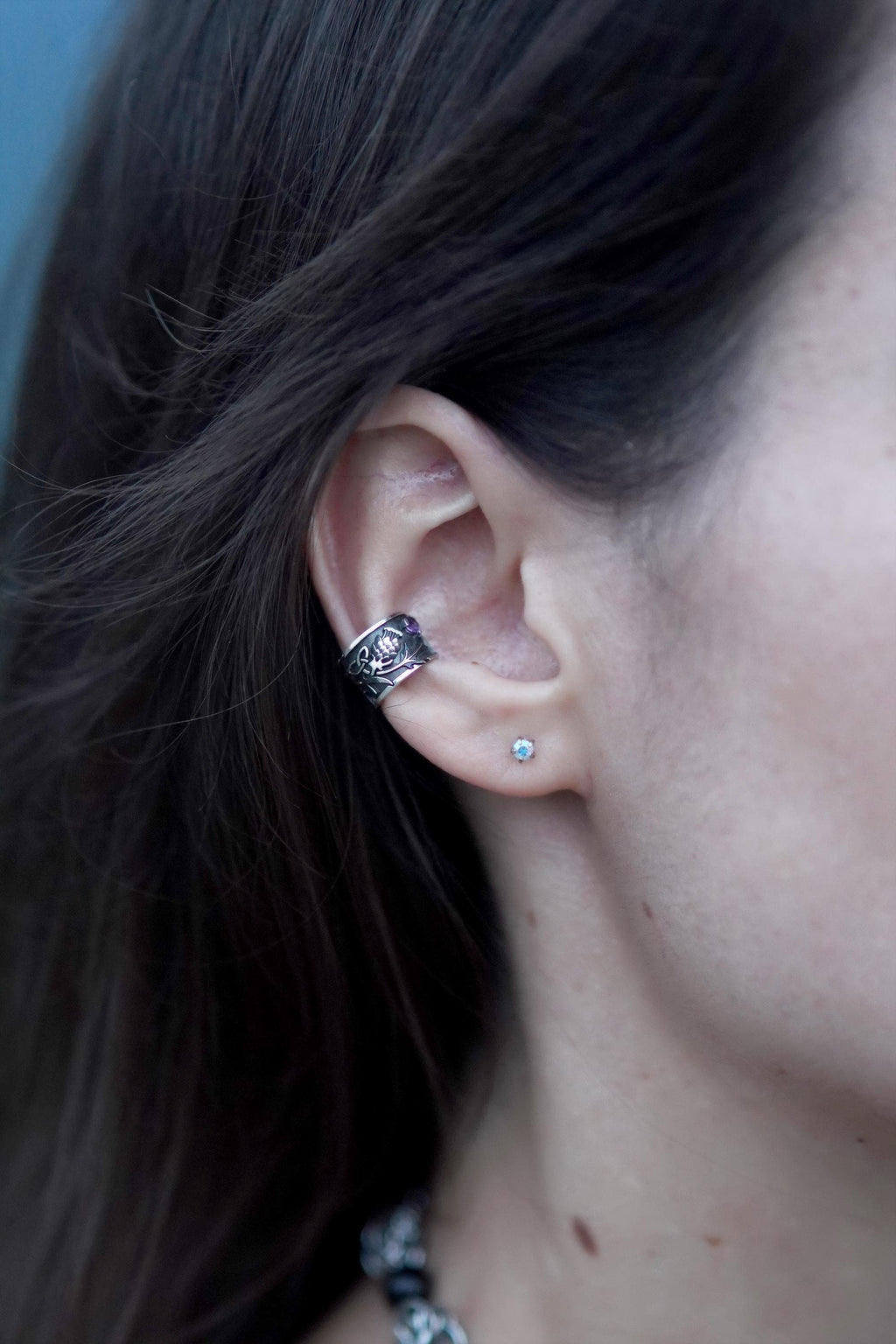 Thistle Silver Ear Cuff, Amethyst or Garnet Celtic Earring