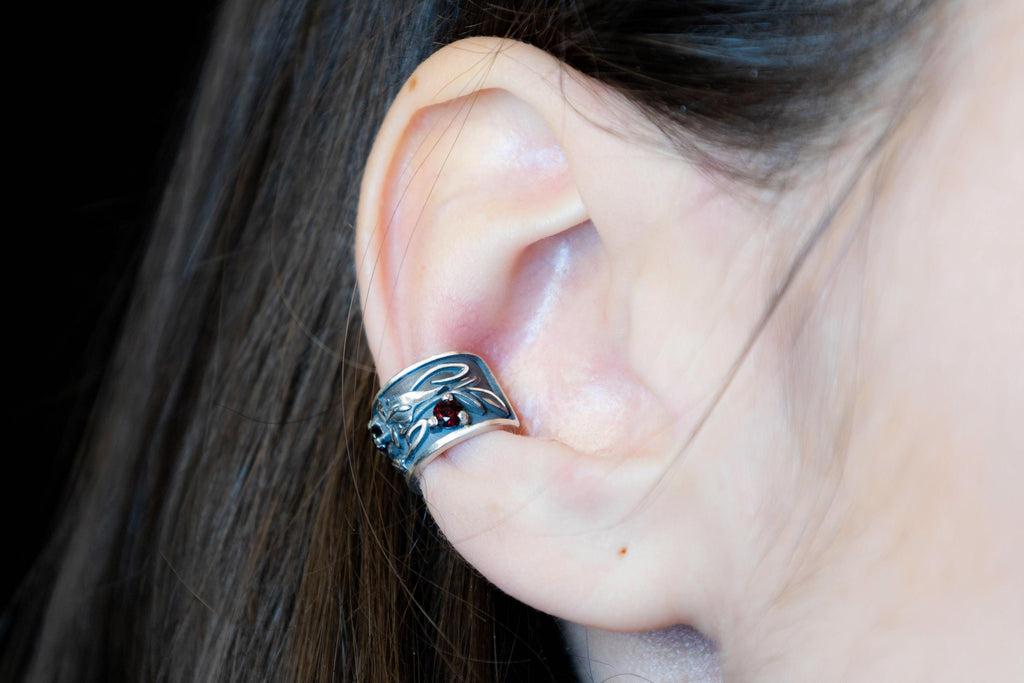 Nature inspired no piercing ear cuff, sterling silver and garnet