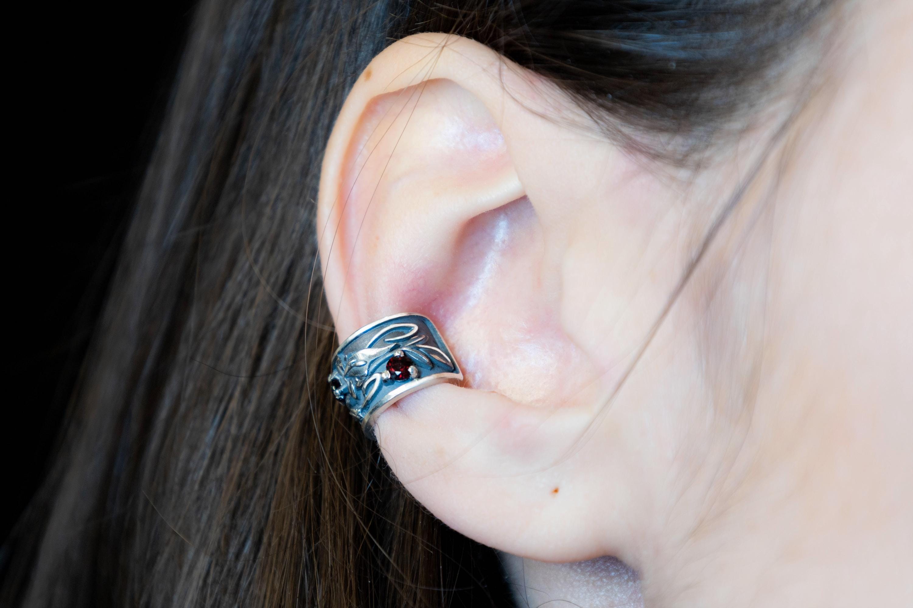 Nature inspired no piercing ear cuff, sterling silver and garnet
