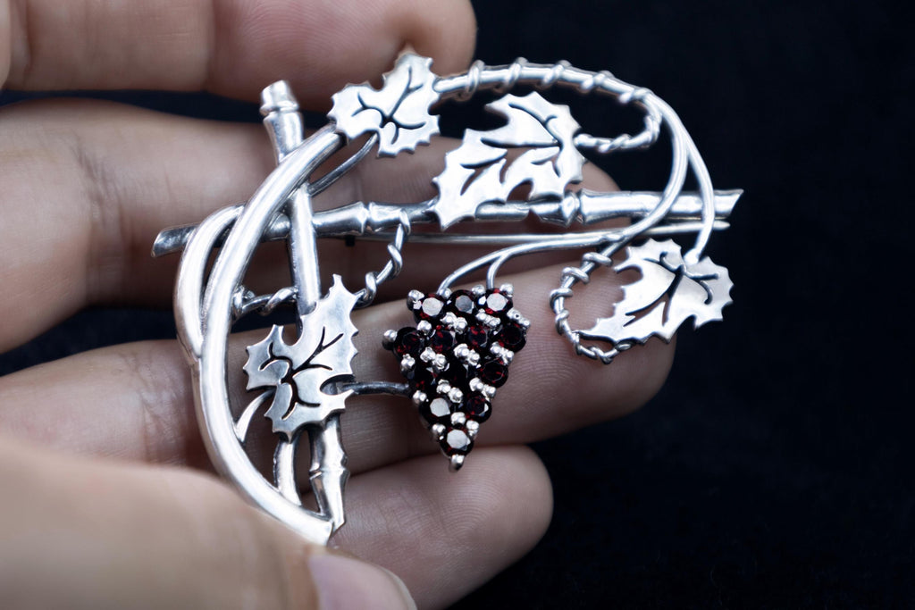 Grapevine fantasy brooch with natural gemstones, artisan metalwork