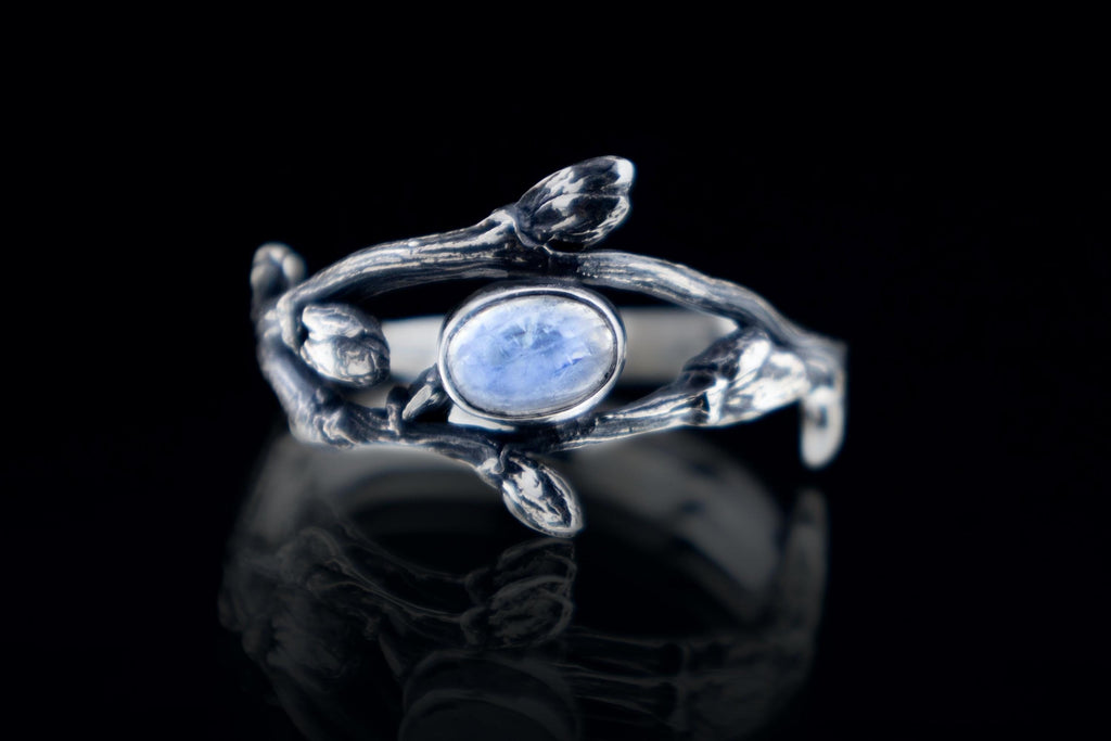 Sterling silver twig ring with oval moonstone cabochon