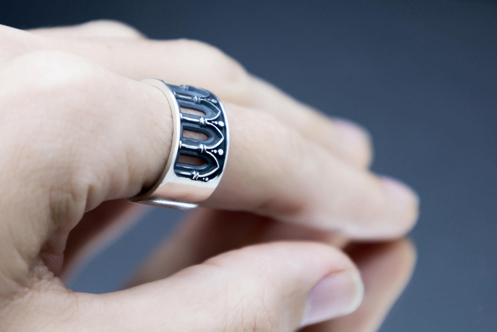 Cathedral inspired sterling silver band on hand