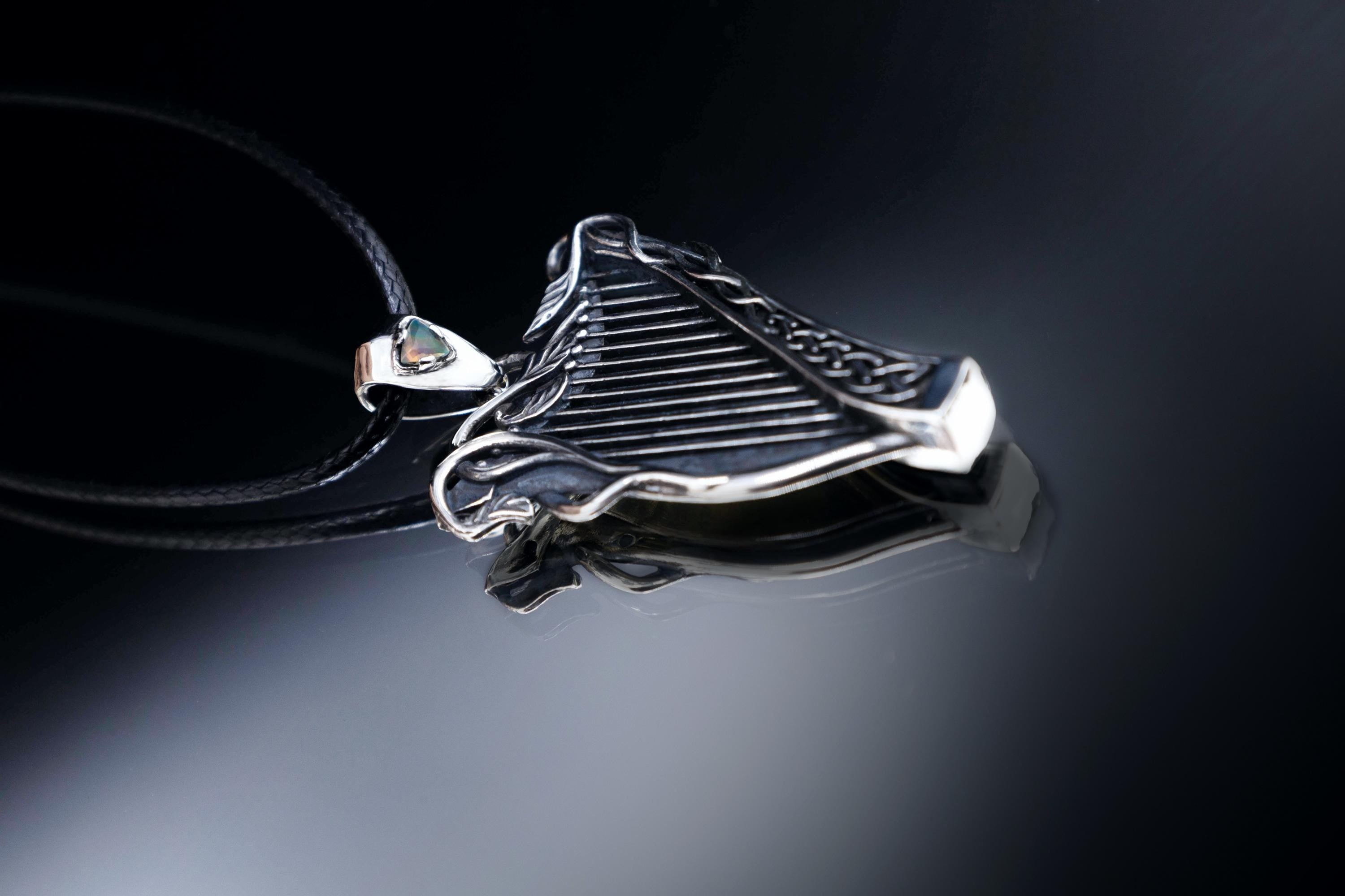 Sterling silver Celtic harp pendant with gemstone