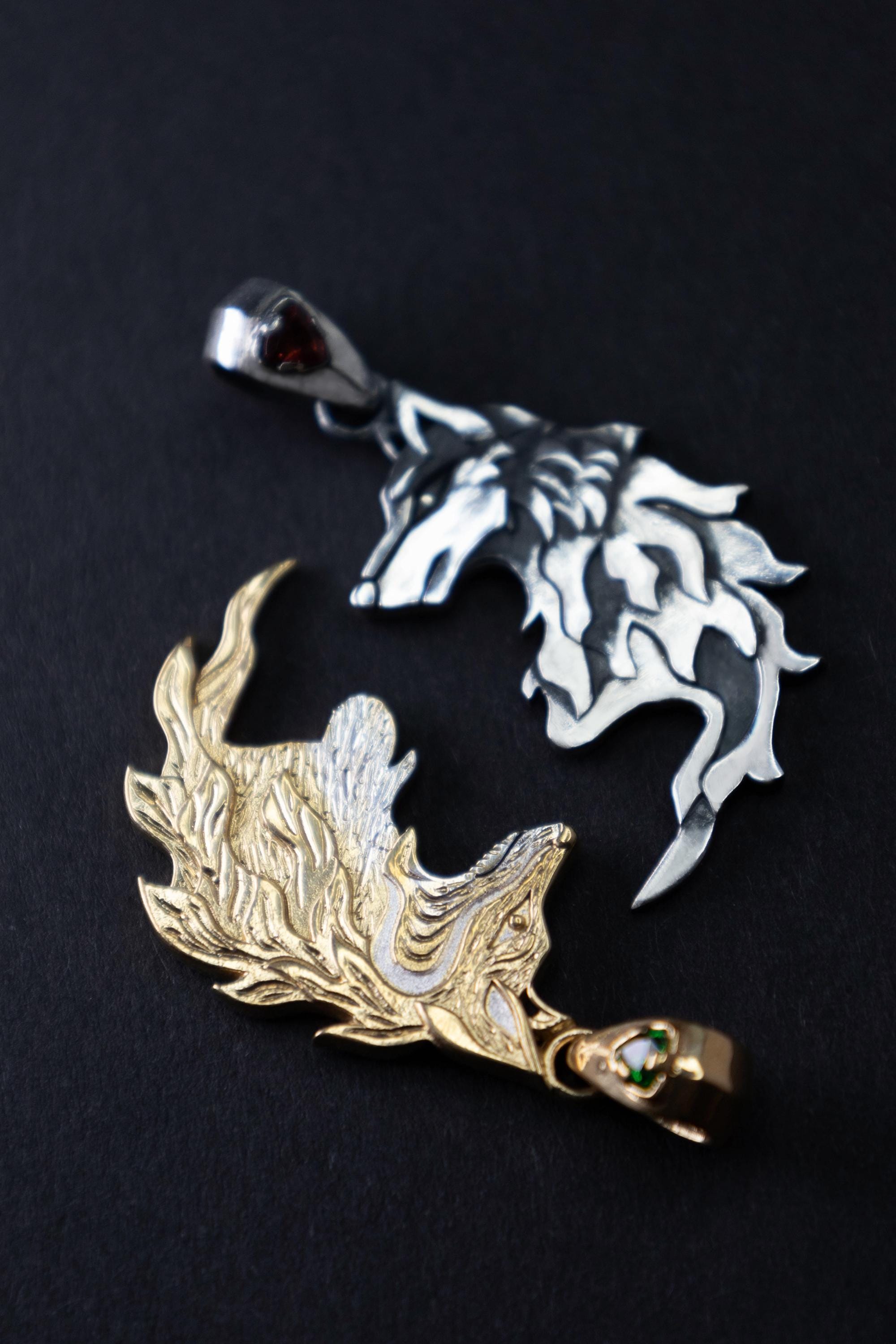 Wolf and Fox stackable silver pendants for couples. Gold plated 