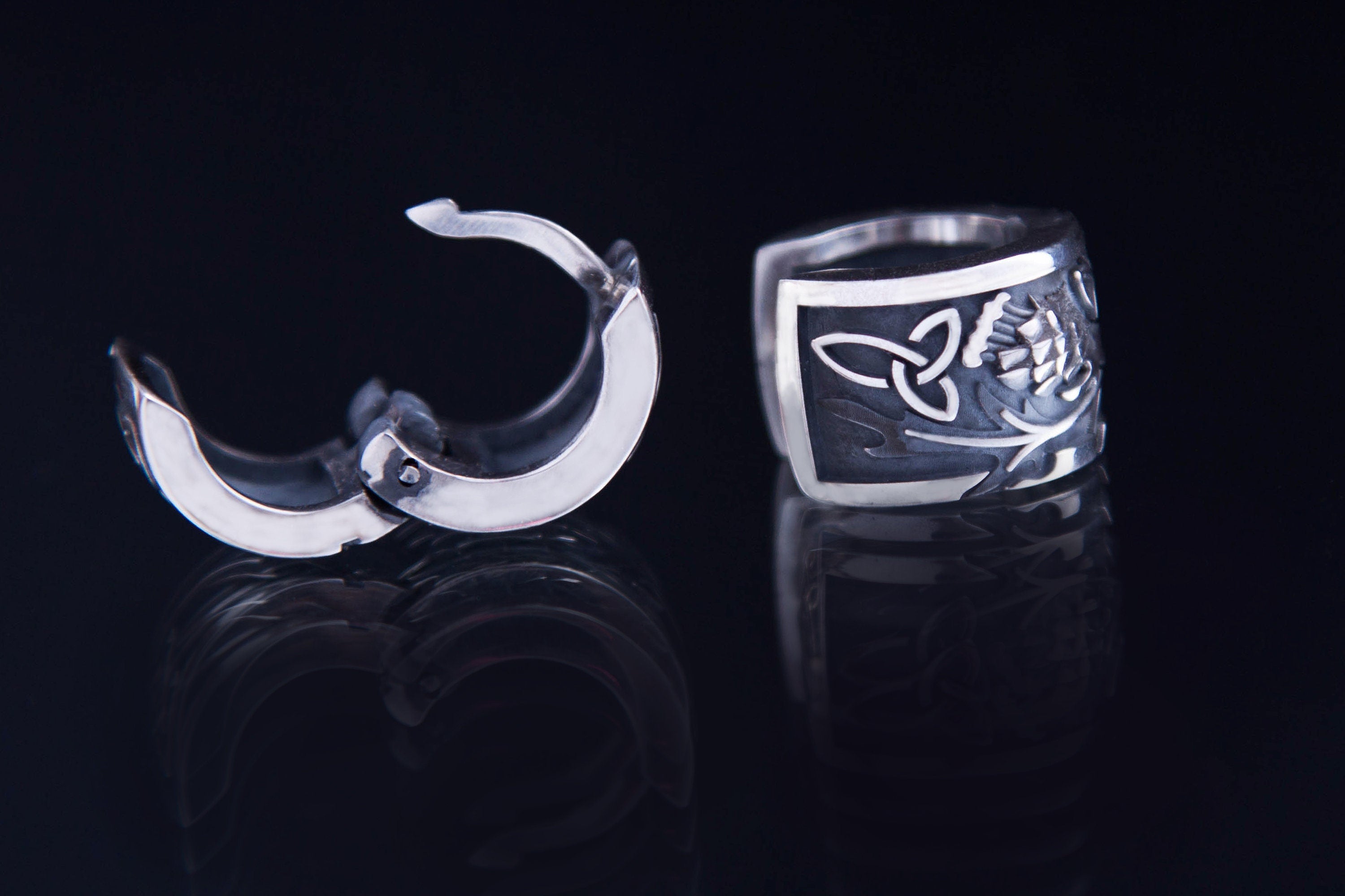 Scottish thistle silver hoop with Celtic knot details