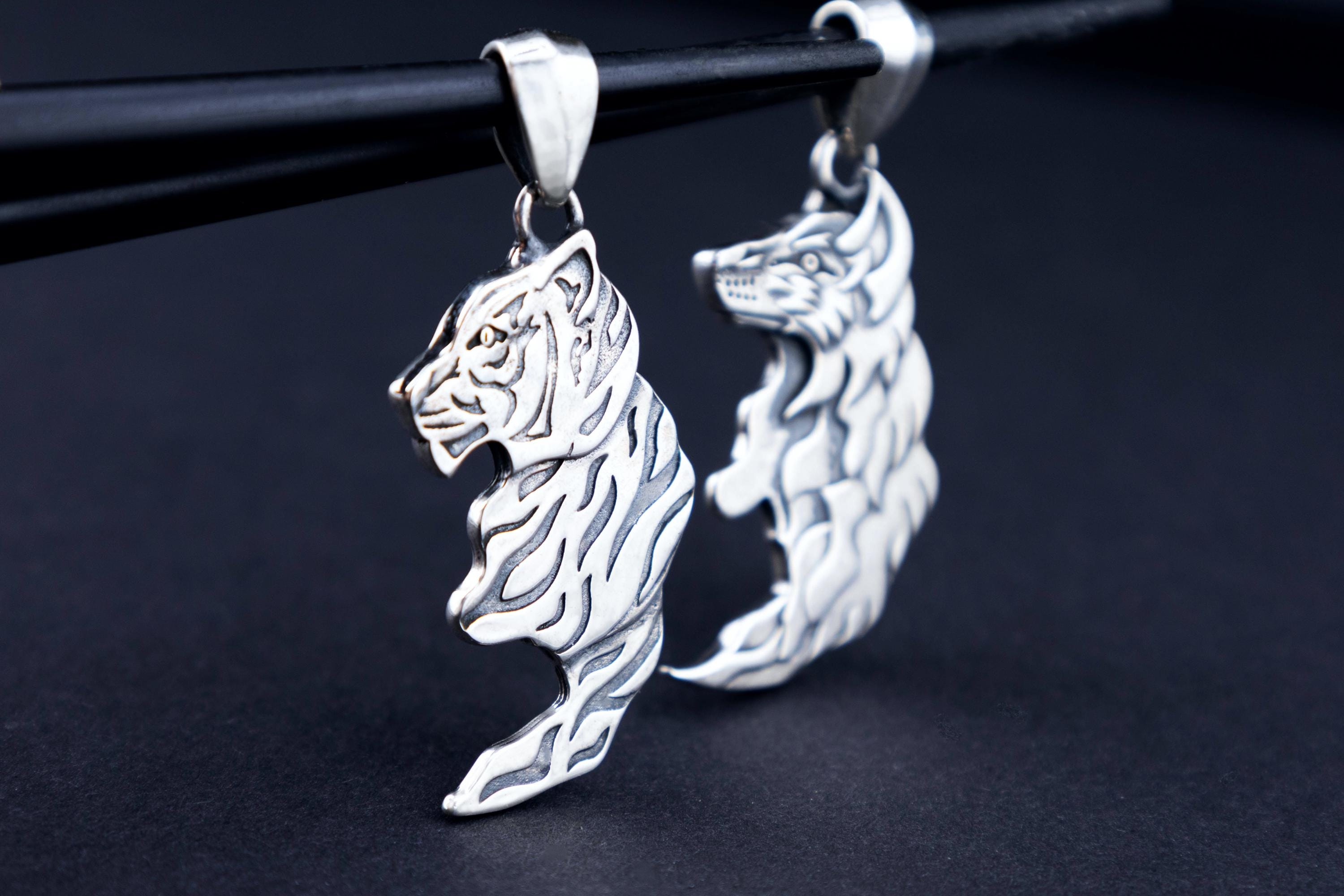 Wolf and tiger pendants yin-yang inspired pair 