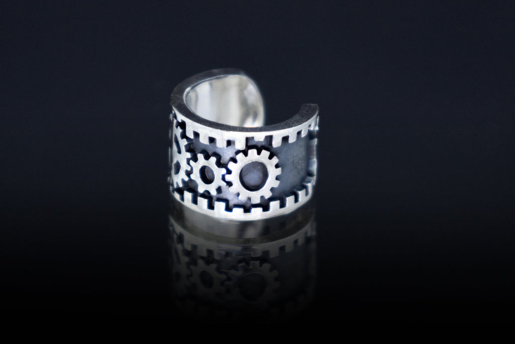 Sterling silver steampunk ear cuff with gear and cog design