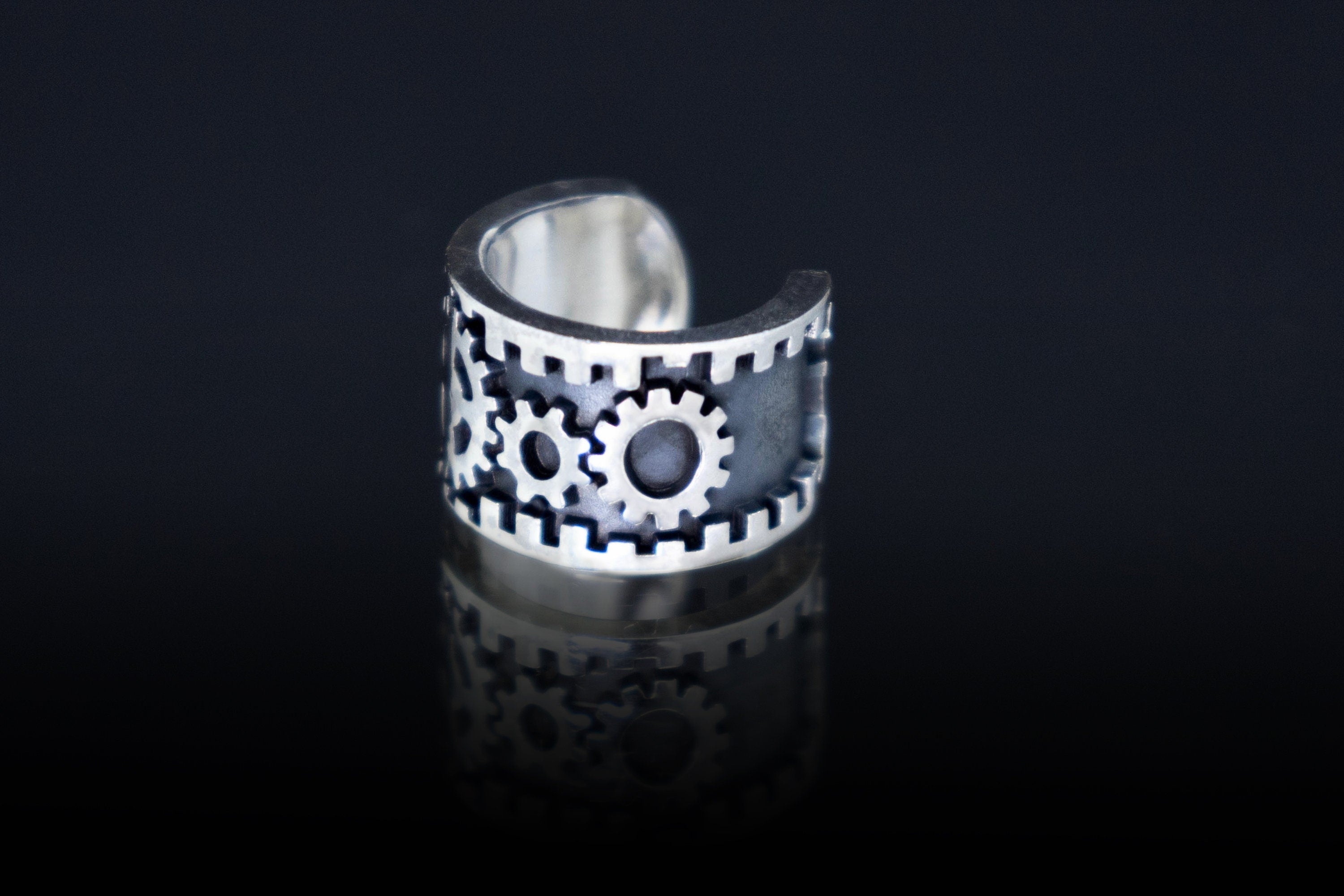 Sterling silver steampunk ear cuff with gear and cog design