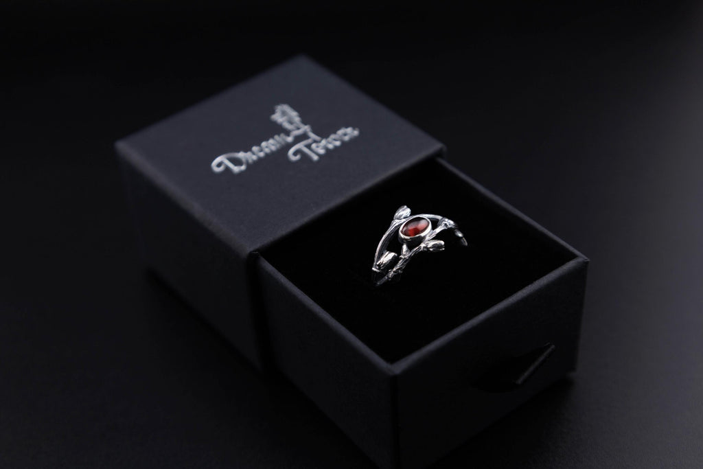 Woodland style twig ring with natural garnet in gift box
