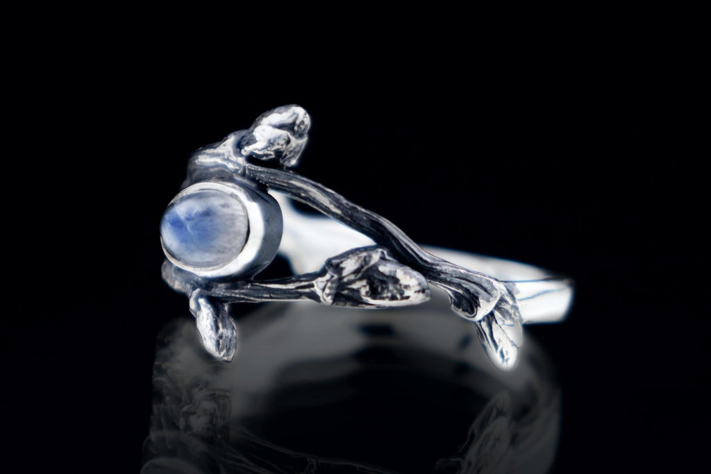 Close-up of moonstone twig ring showing bark texture