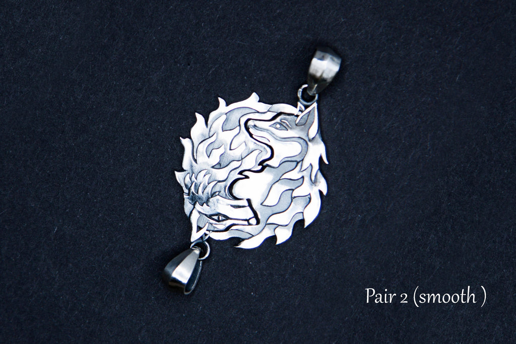 Silver pendant set with wolf and fox design, for partners or besties