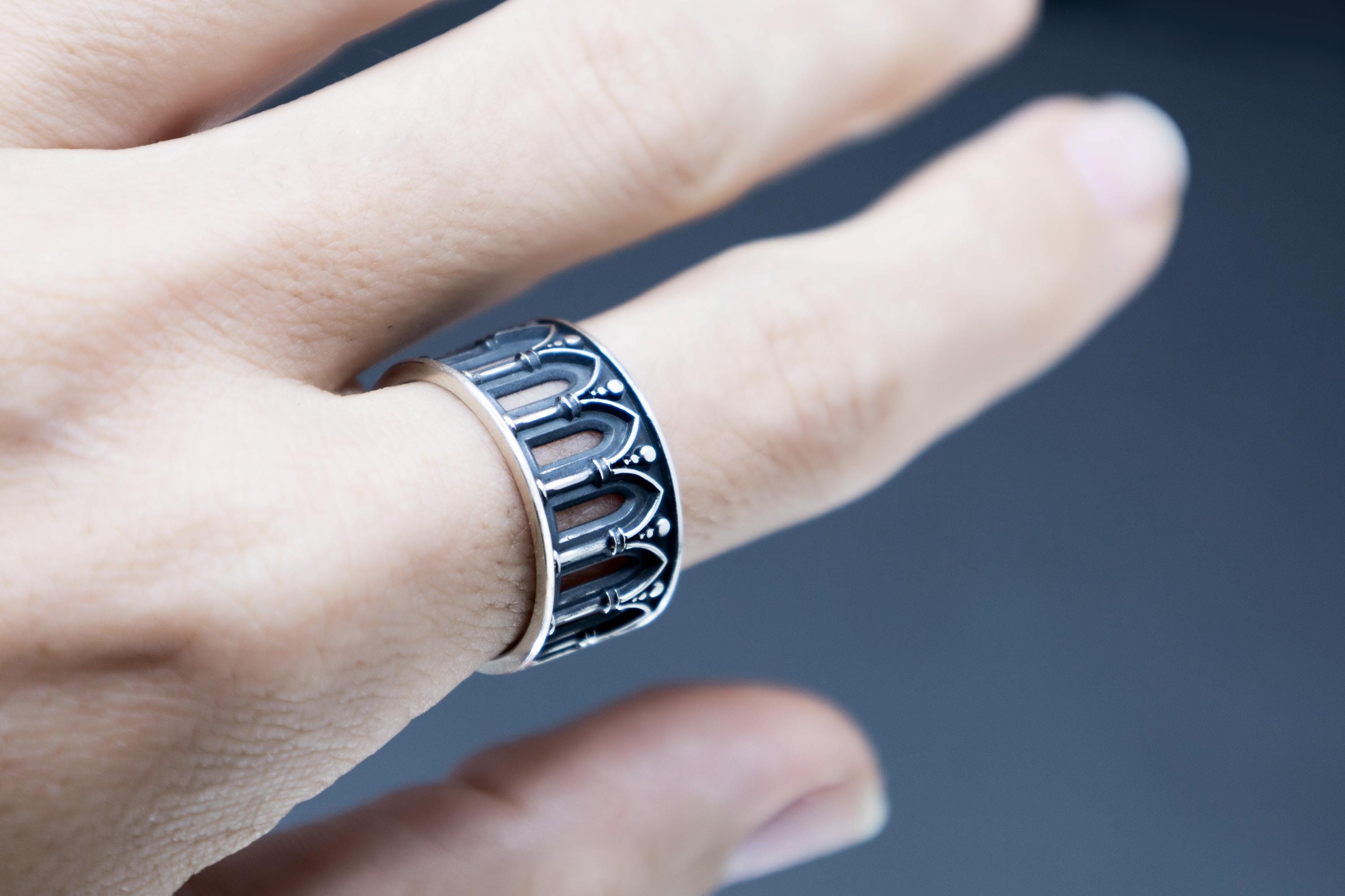 Wide oxidized silver ring in Gothic architectural ring design