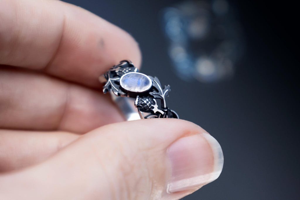 Celtic openwork thistle ring with moonstone, elven jewelry