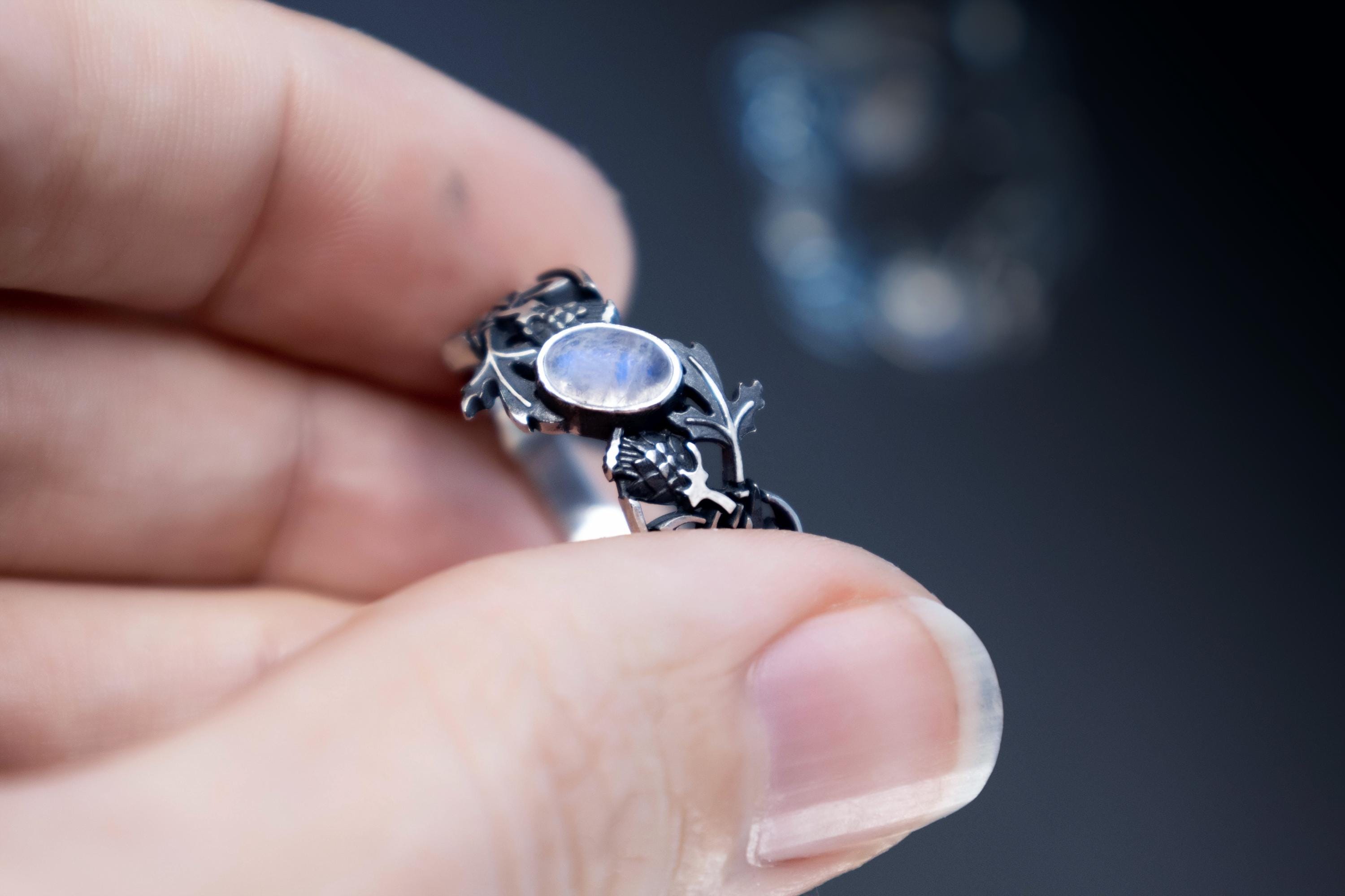 Celtic openwork thistle ring with moonstone, elven jewelry
