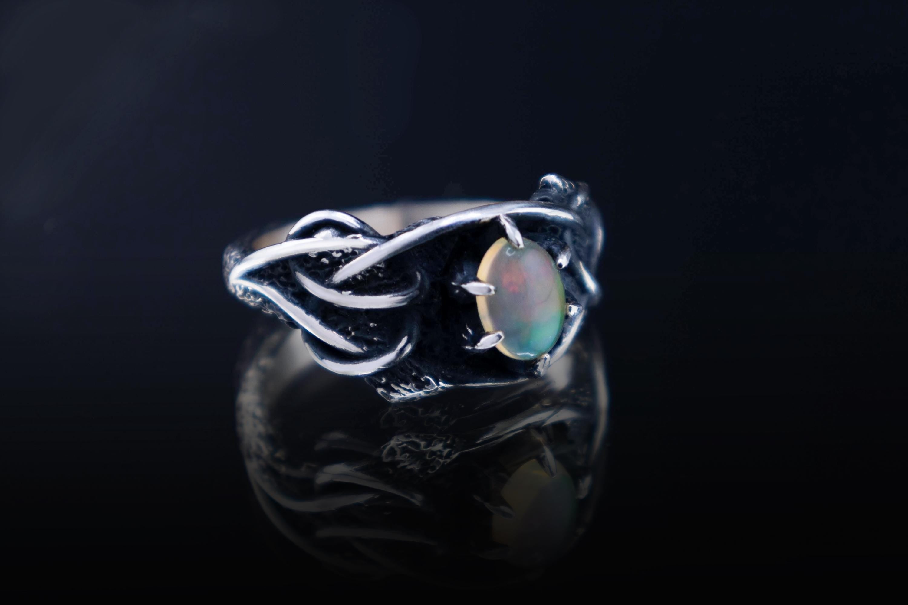 Handmade sterling silver ring with organic forest texture