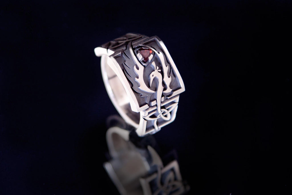 Phoenix statement signet ring in sterling silver with garnet