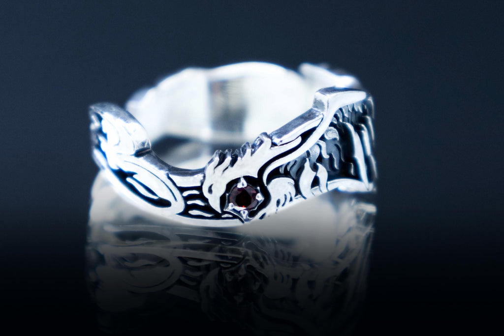 Phoenix ring silver, magic creature engagement band