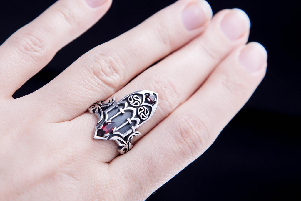 Sterling silver tall front Gothic ring, statement medieval jewelry