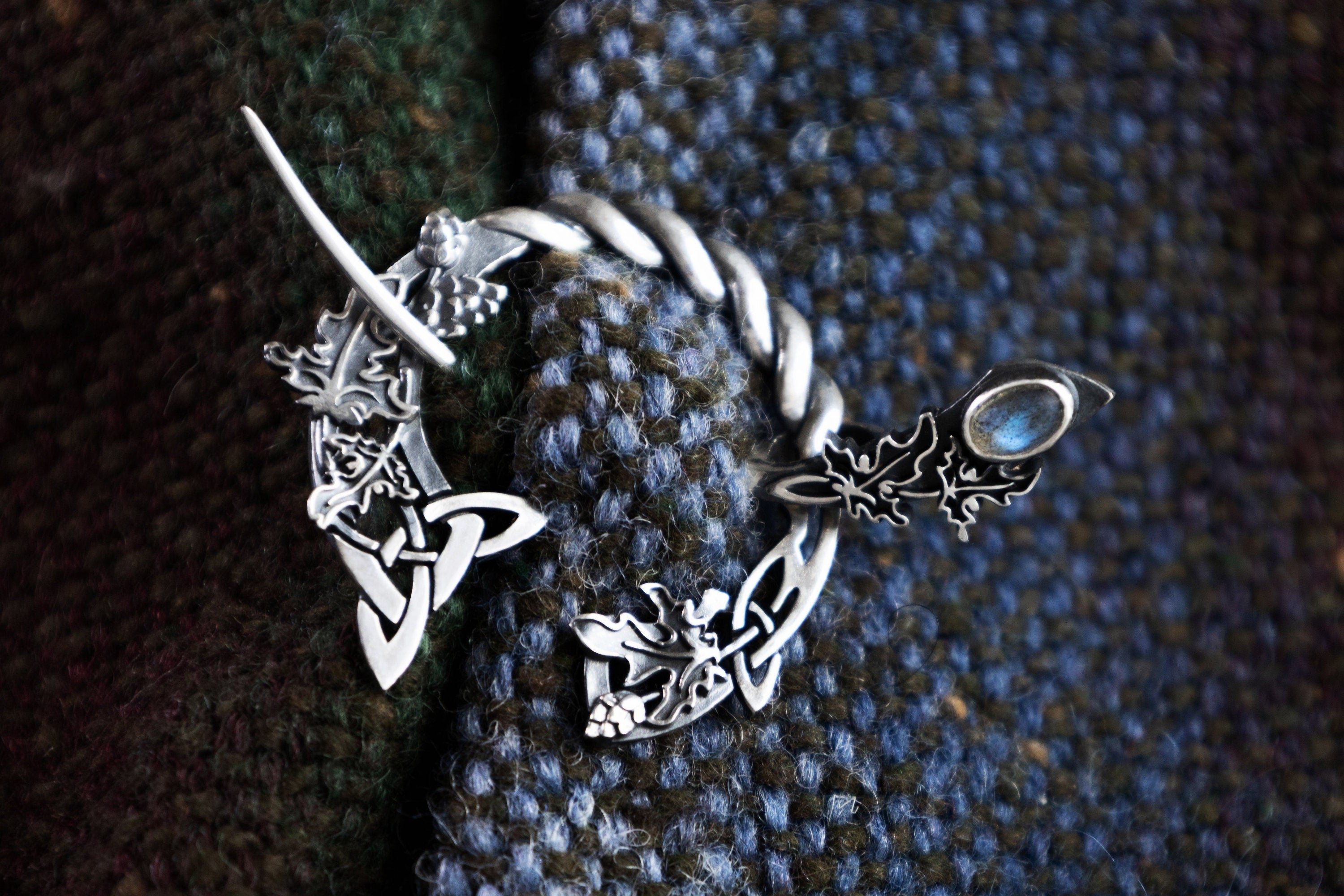 Celtic silver brooch clasp used on knit shawl