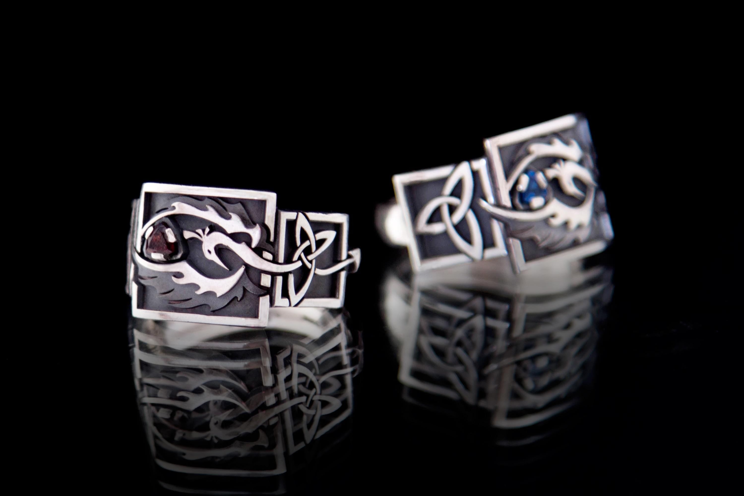 Artisan silver signet ring with phoenix and celtic motif
