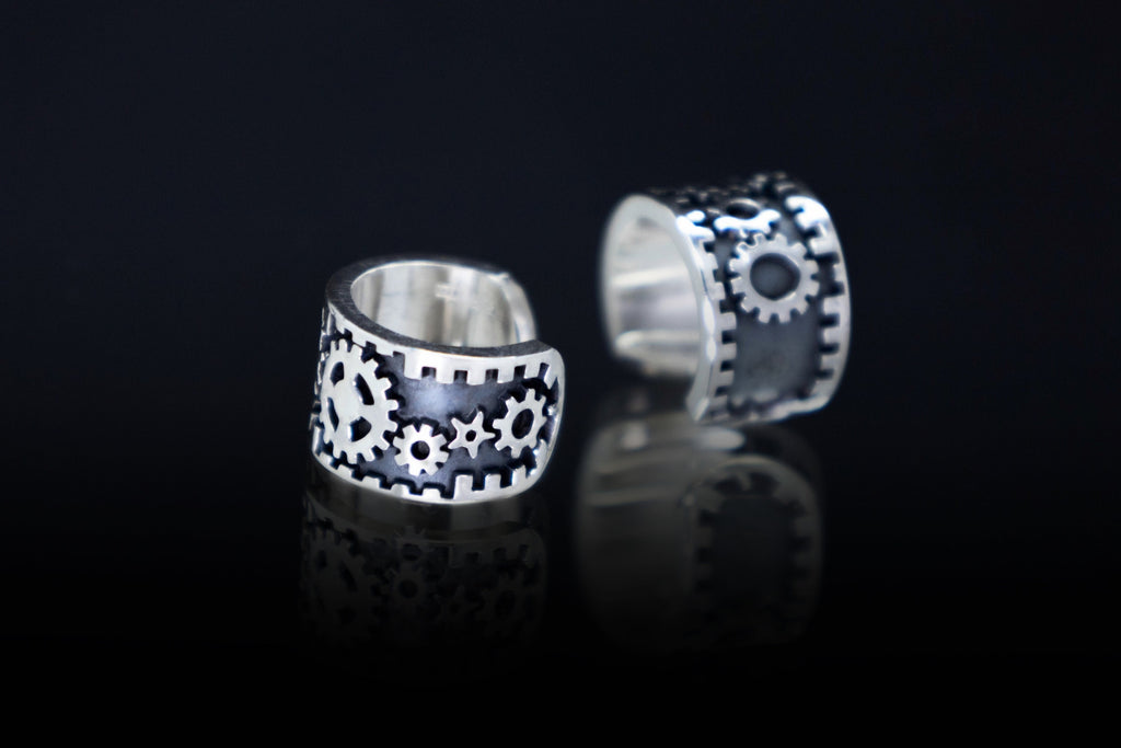 No piercing steampunk ear wrap in oxidized silver