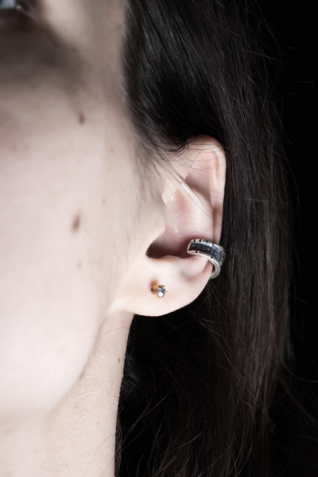 Miniature glyph silver cuff on ear, Star Gate portal 