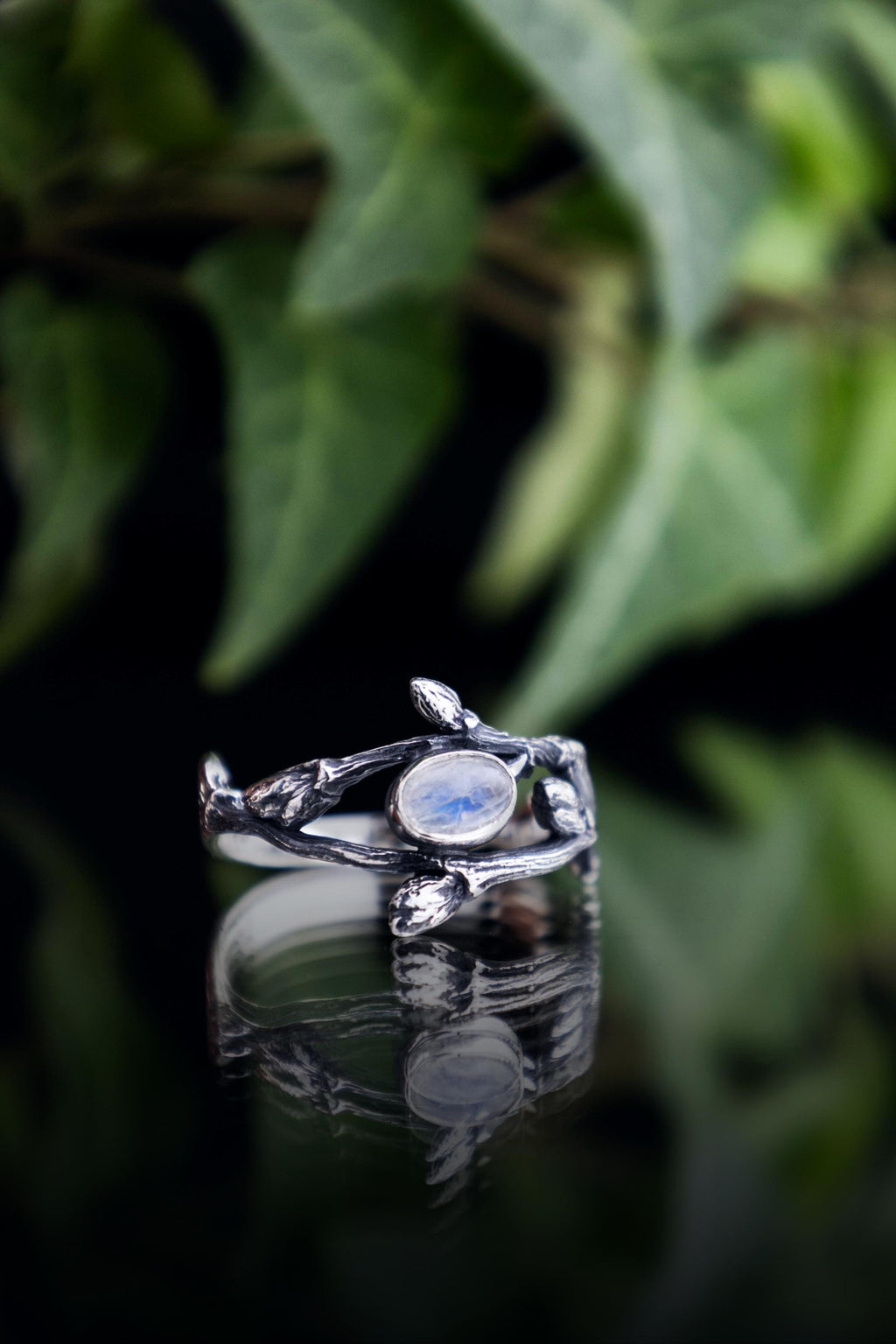 Nature-inspired moonstone silver ring top view