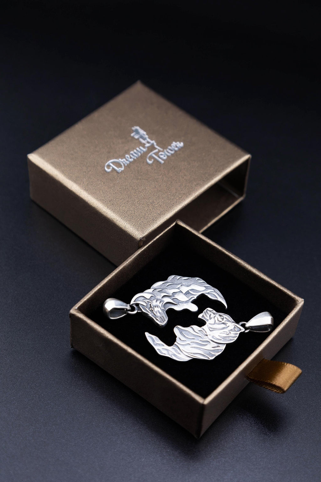 Sterling silver wolf and tiger matching pendants in gift box
