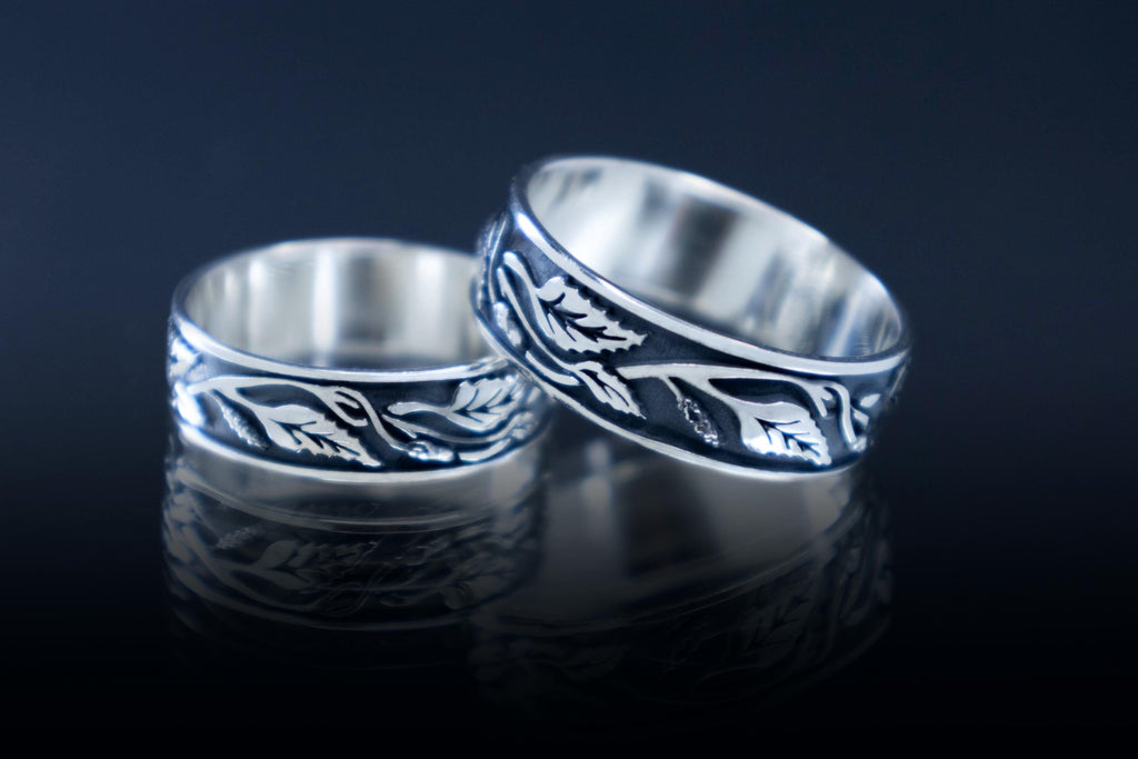 Sterling silver wedding birch leaf rings with botanical pattern