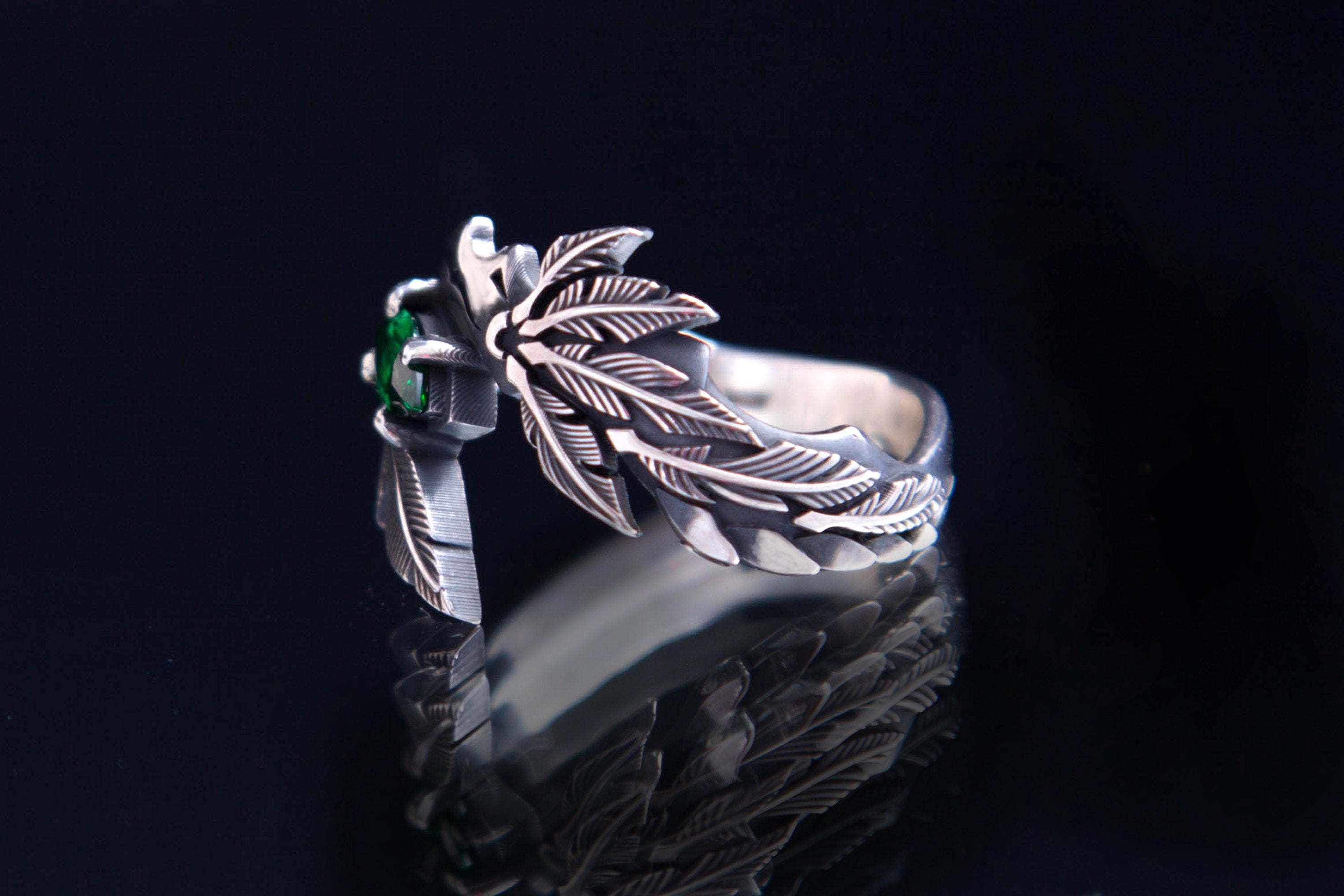 Quetzalcoatl silver ring with green gemstone  handcrafted Aztec jewelry