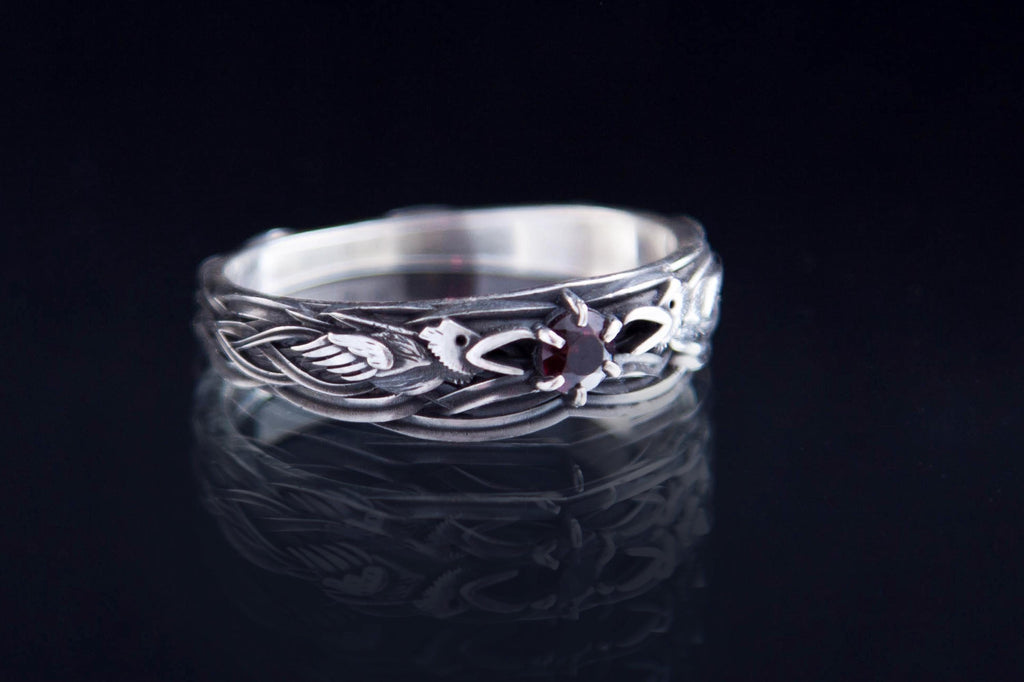 Raven Silver Ring with Garnet, Norse Mythology Viking  inspired