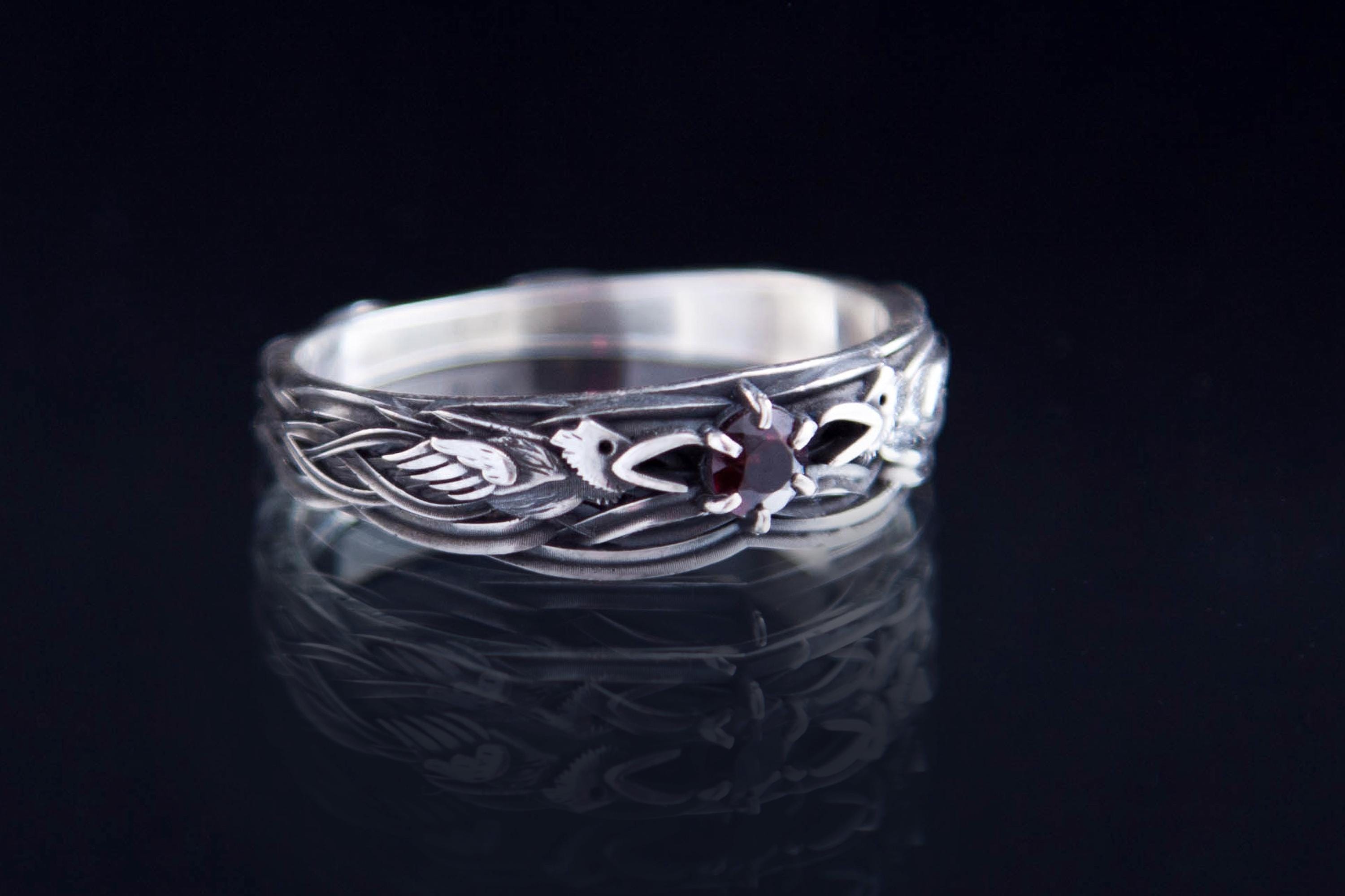 Raven Silver Ring with Garnet, Norse Mythology Viking  inspired