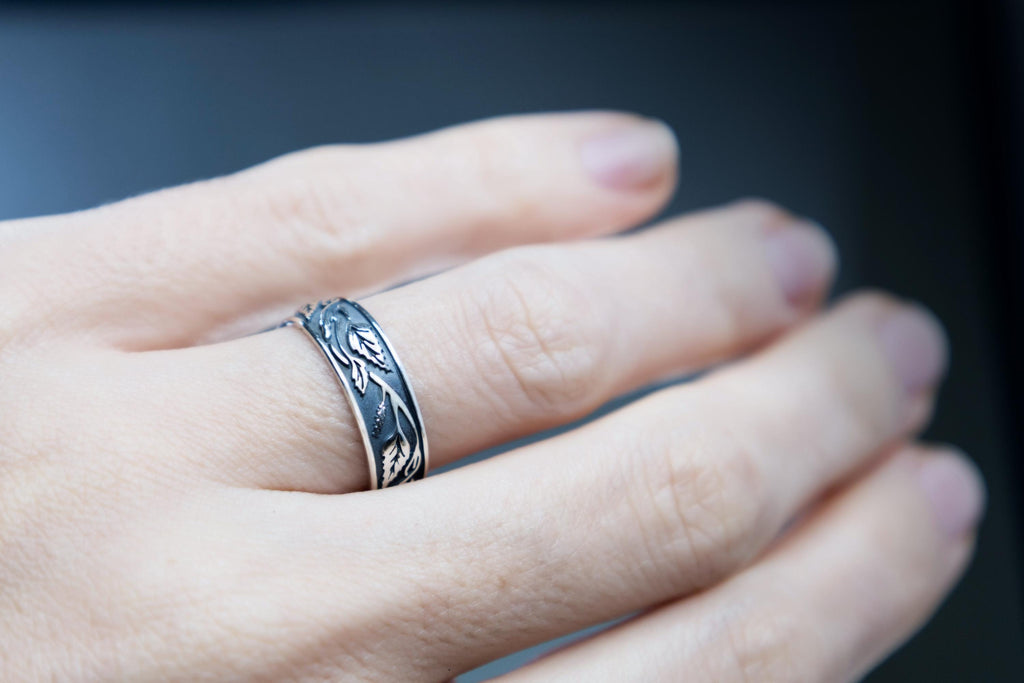 Birch leaf silver ring worn on hand