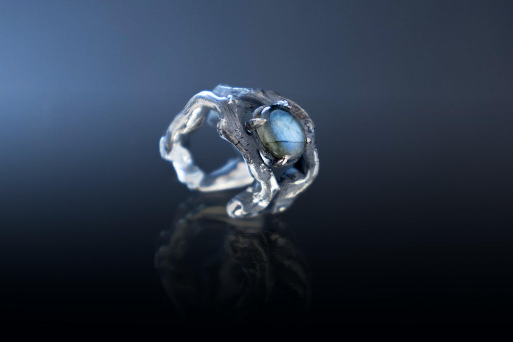 Sterling silver forest branch ear cuff with labradorite