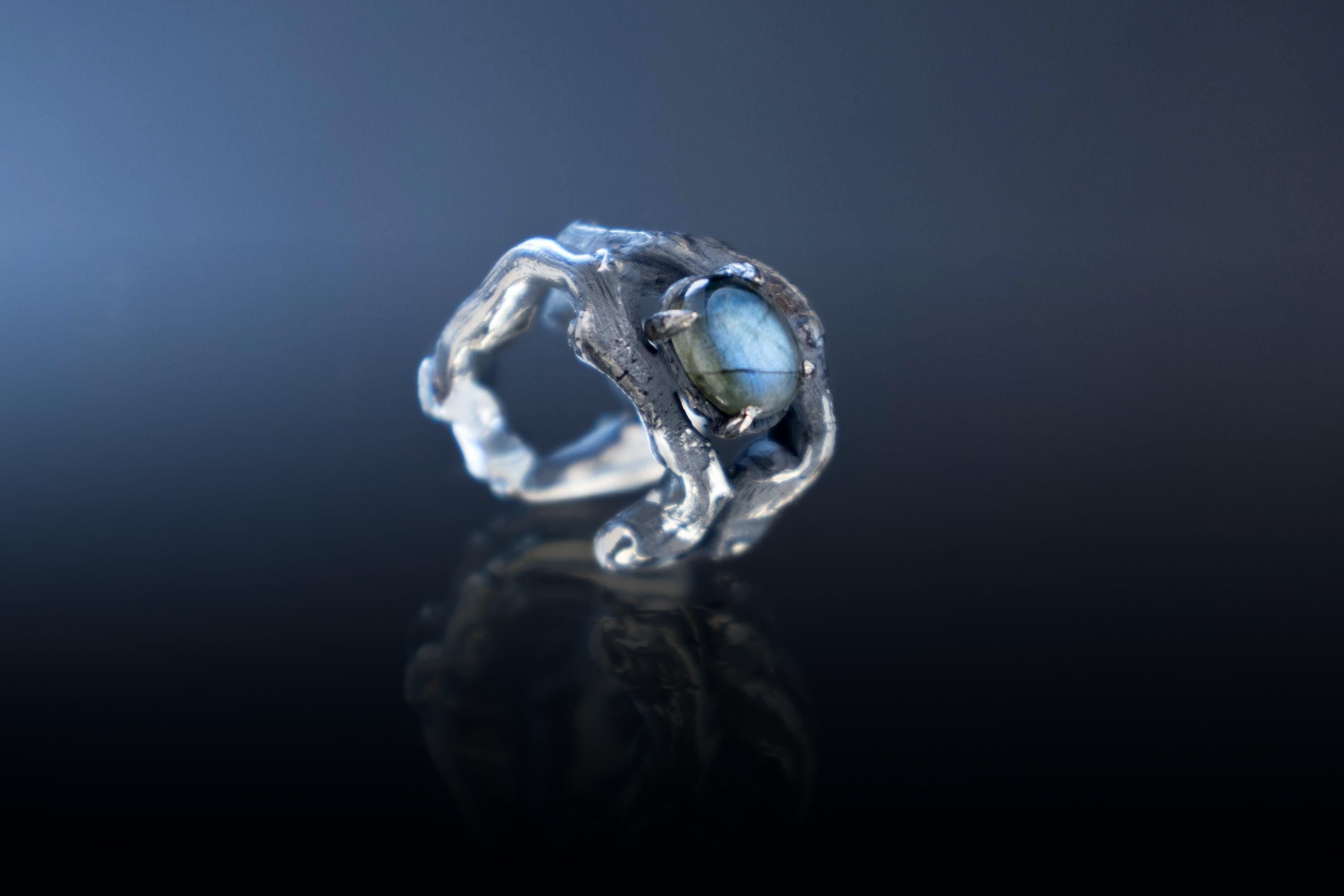 Sterling silver forest branch ear cuff with labradorite