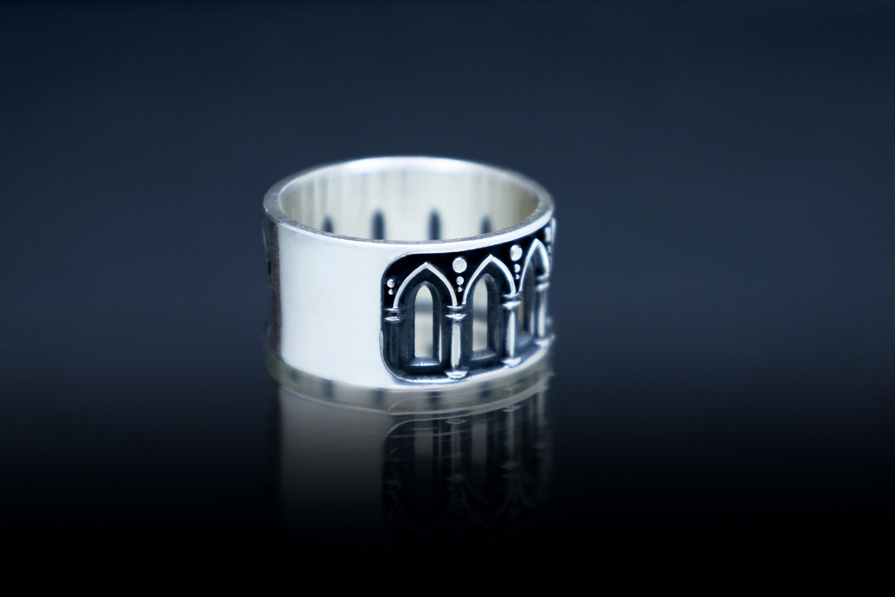 Handcrafted Gothic wide ring, cathedral arches in front, comfort smooth in the back 