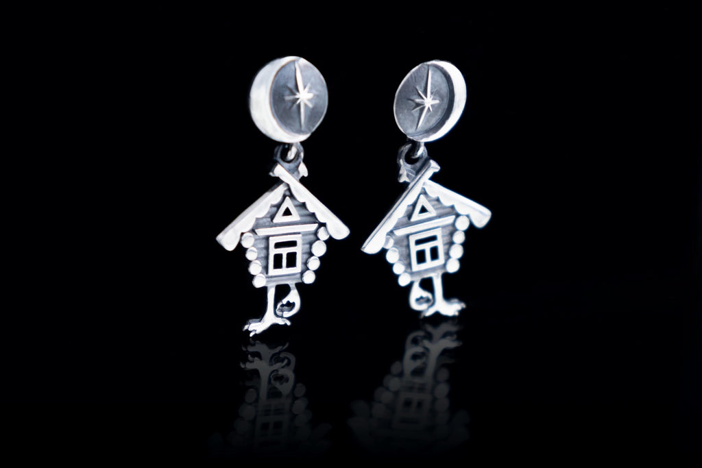Baba Yaga Earrings, Sterling Silver Slavic Folklore Witch House on Chicken Legs