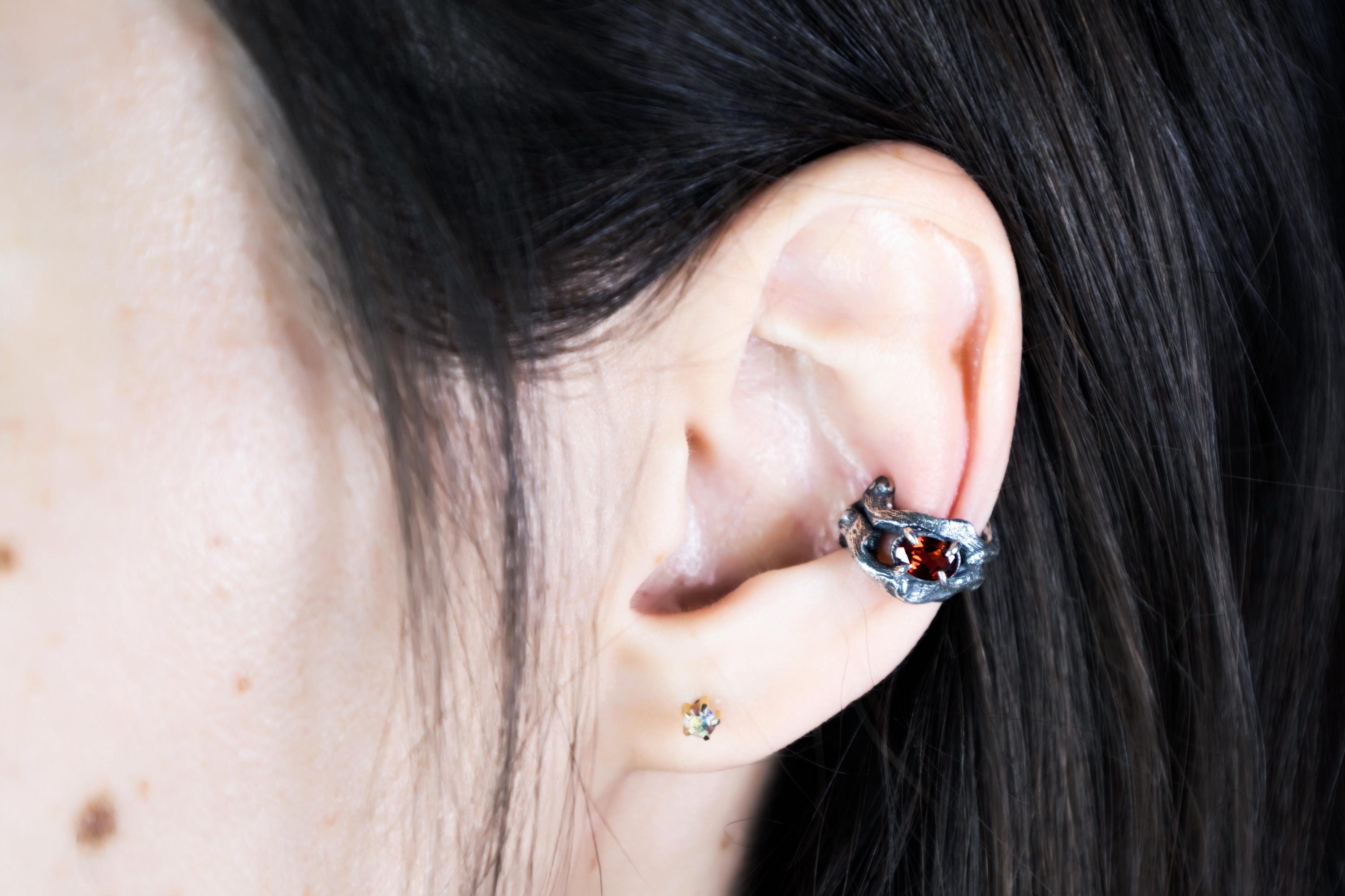 Handmade sterling silver ear cuff with natural gemstone