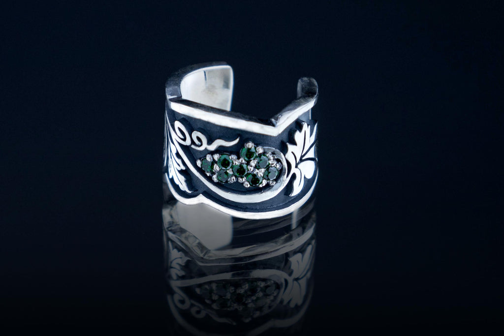 Sterling silver grapevine ear cuff with green stones