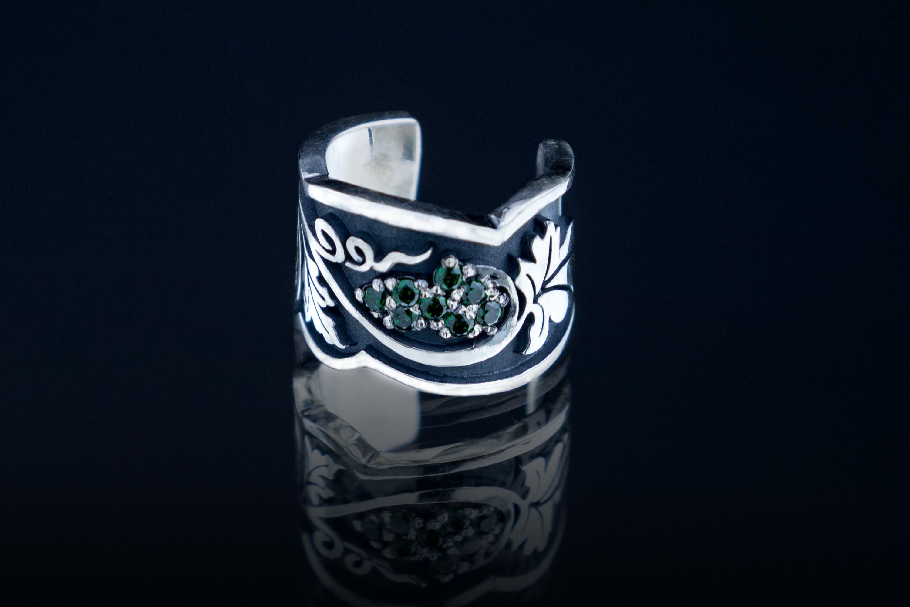 Sterling silver grapevine ear cuff with green stones