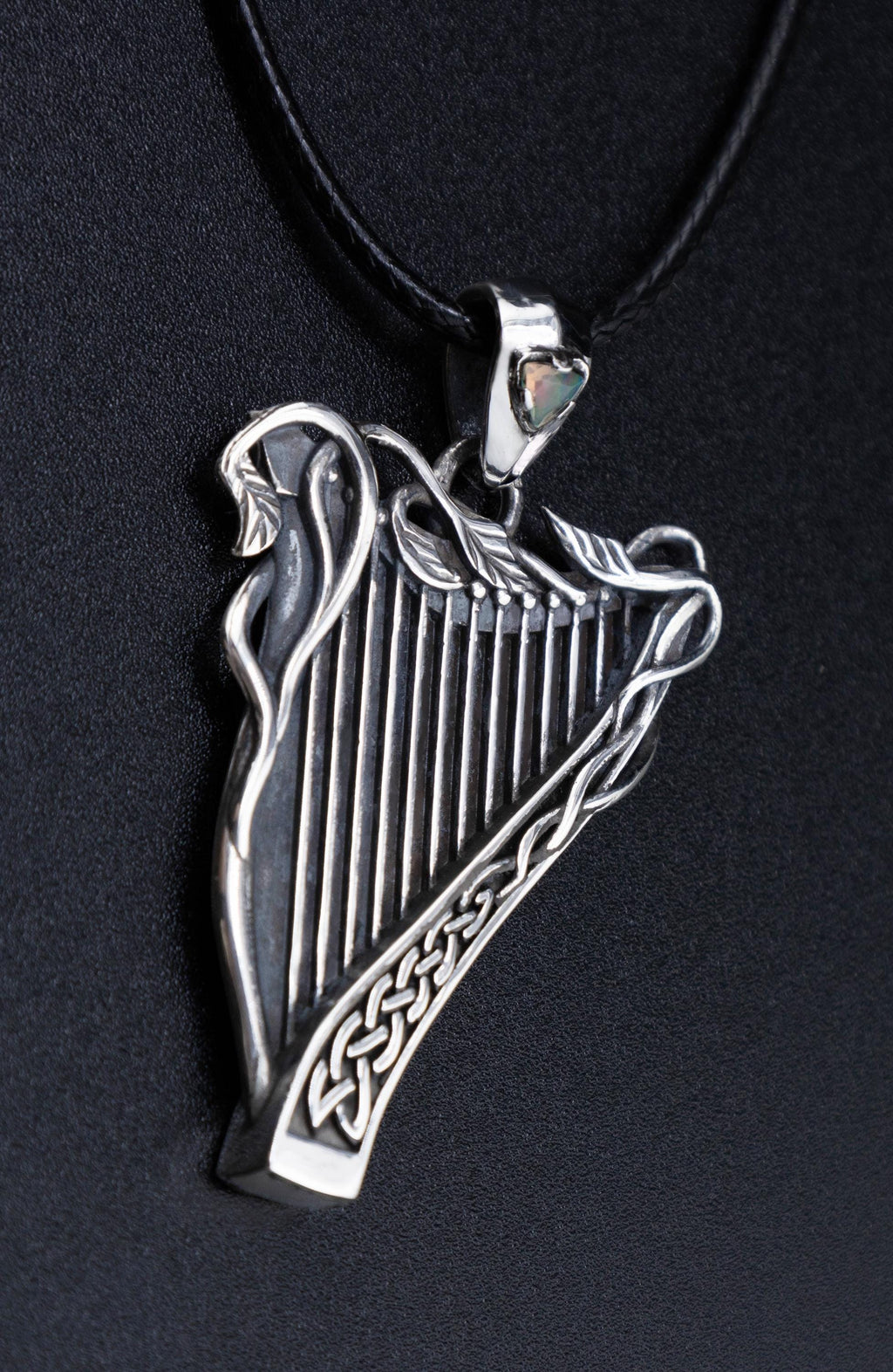 Sterling silver Celtic harp pendant with ethiopian opal