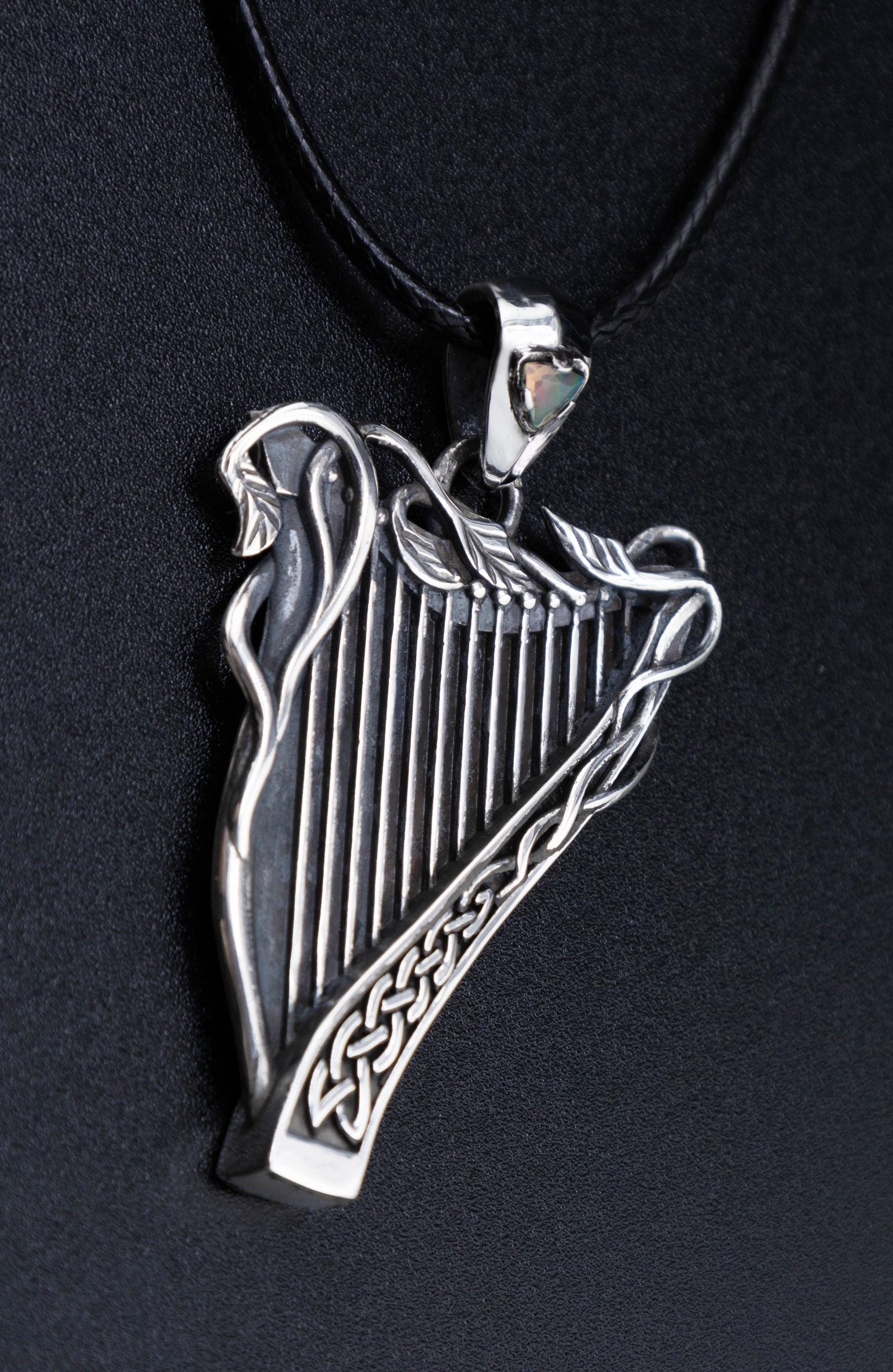 Sterling silver Celtic harp pendant with ethiopian opal