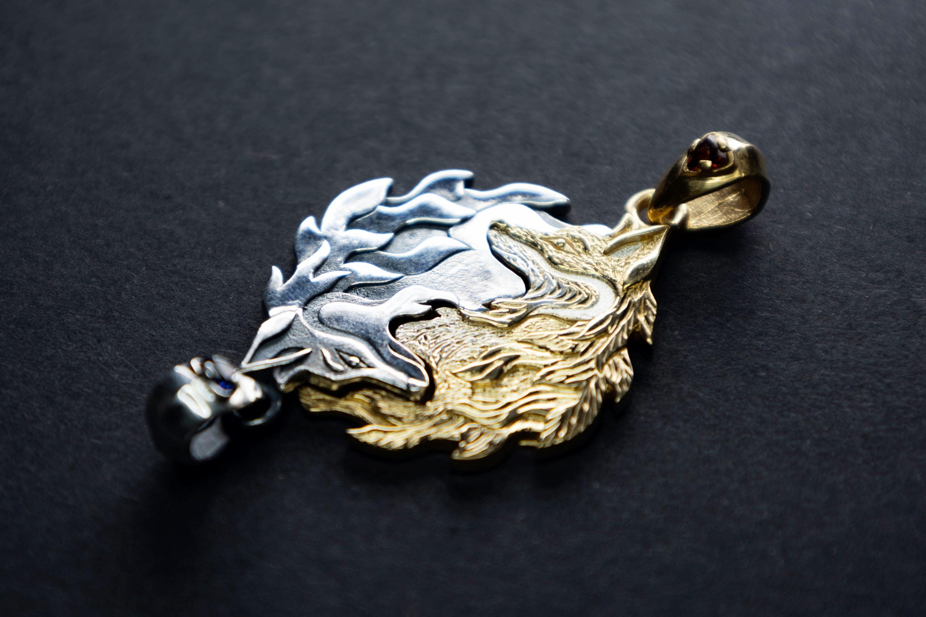 Kitsune fox matching pendants in silver and gold