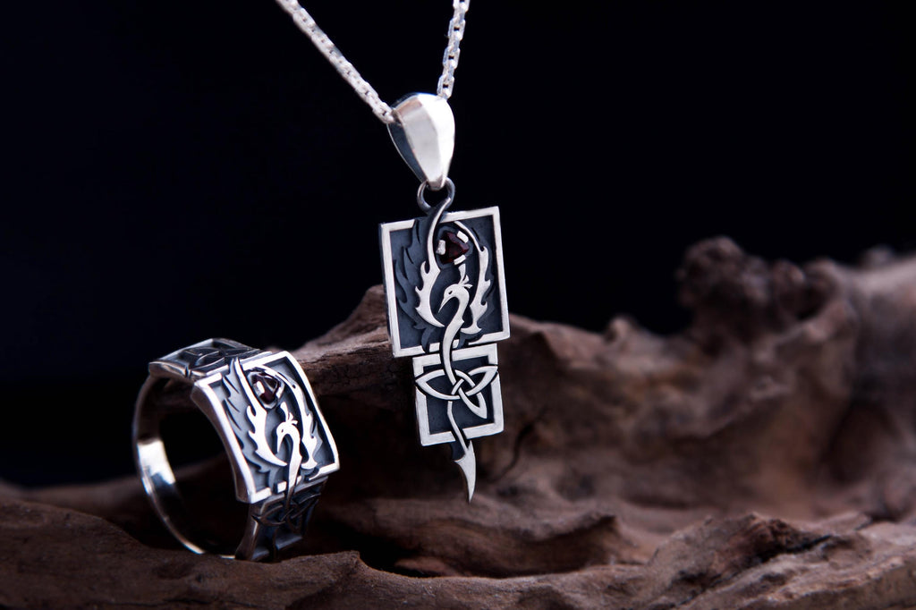Mythical Phoenix jewelry in silver with gemstone