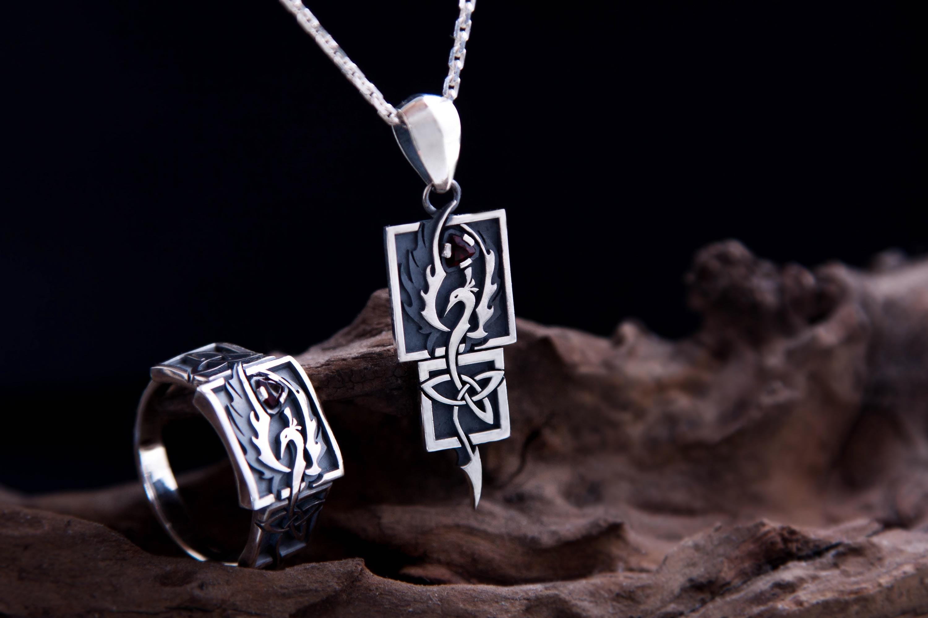 Mythical Phoenix jewelry in silver with gemstone