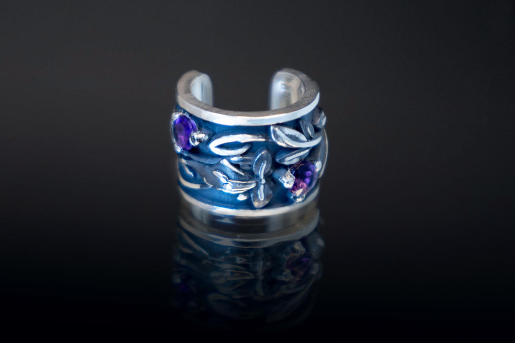 Botanical silver ear cuff with garnet