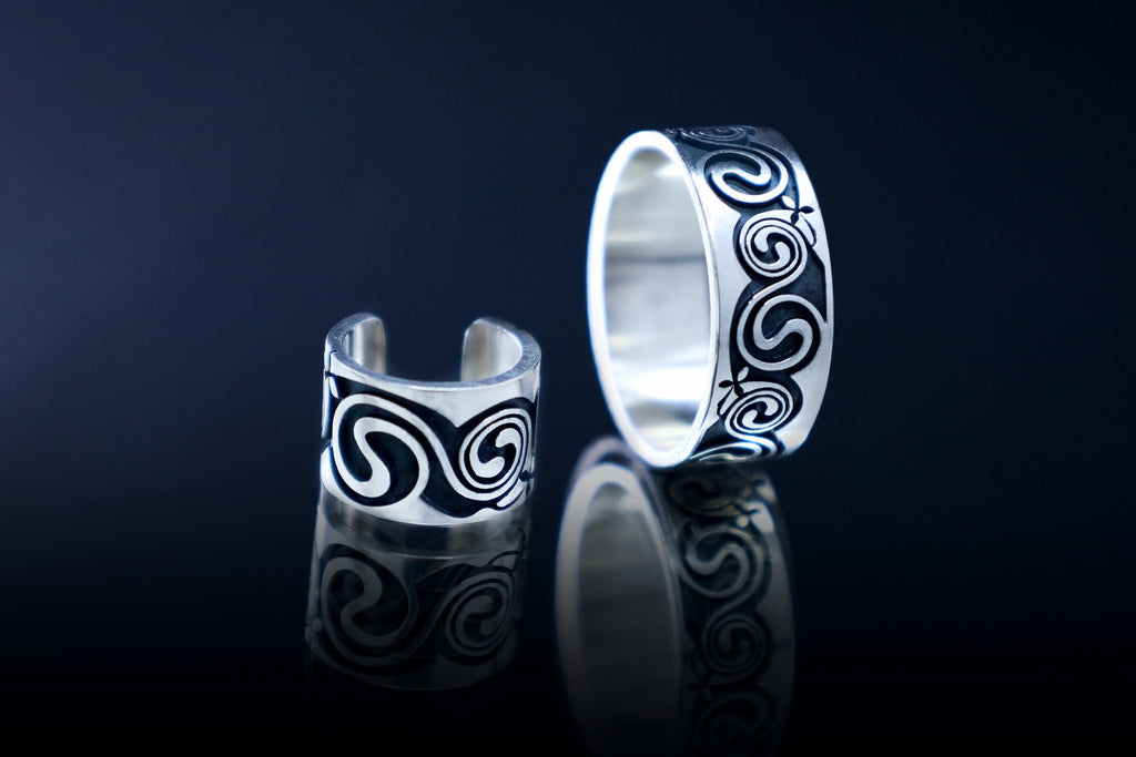 Sterling silver triskelion cuff and ring with oxidized details