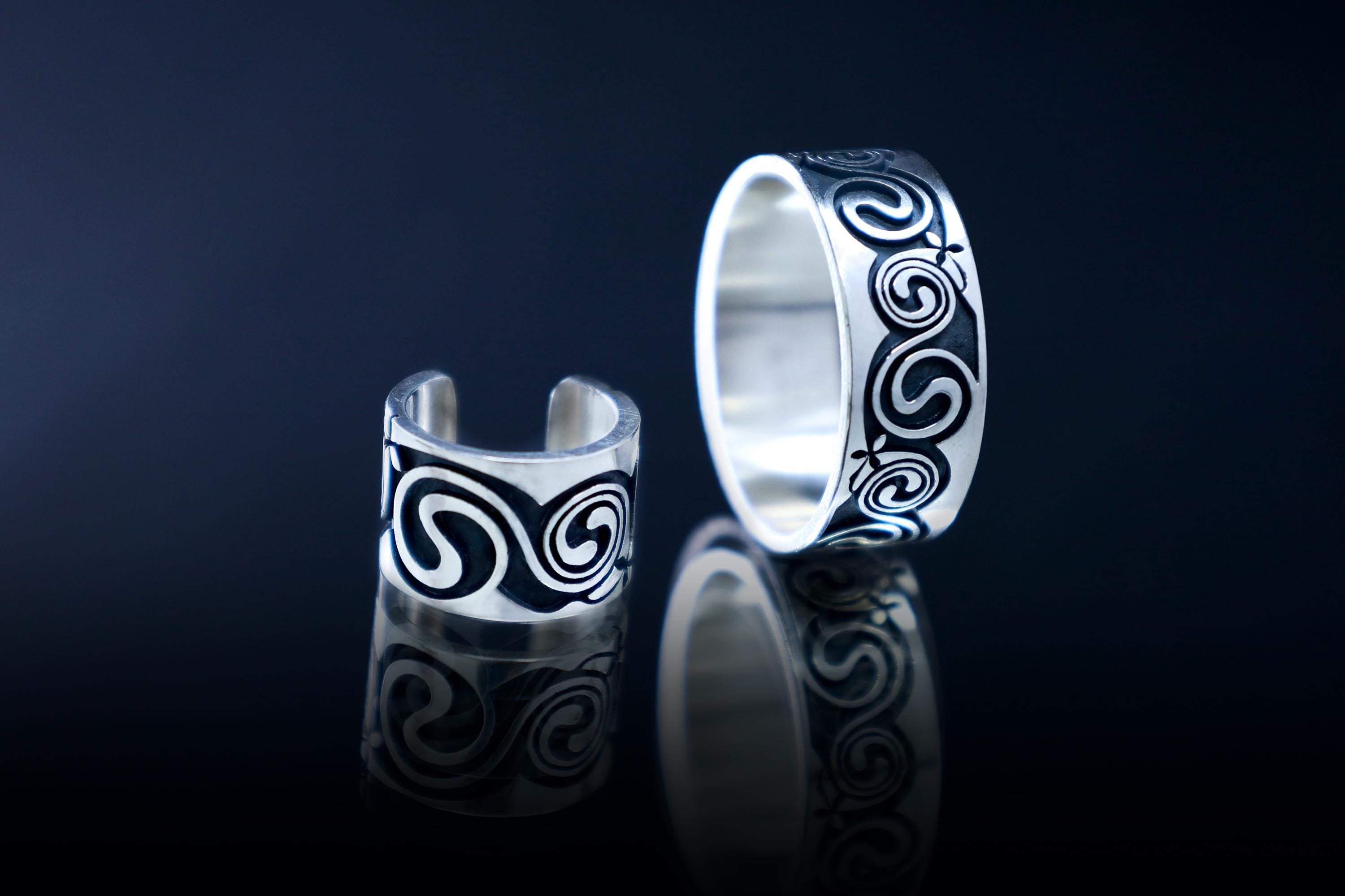 Sterling silver triskelion cuff and ring with oxidized details