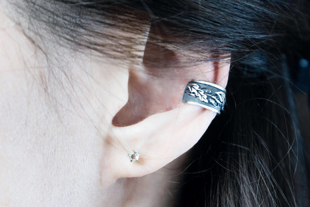 Elven woodland ear cuff worn on ear, no piercing